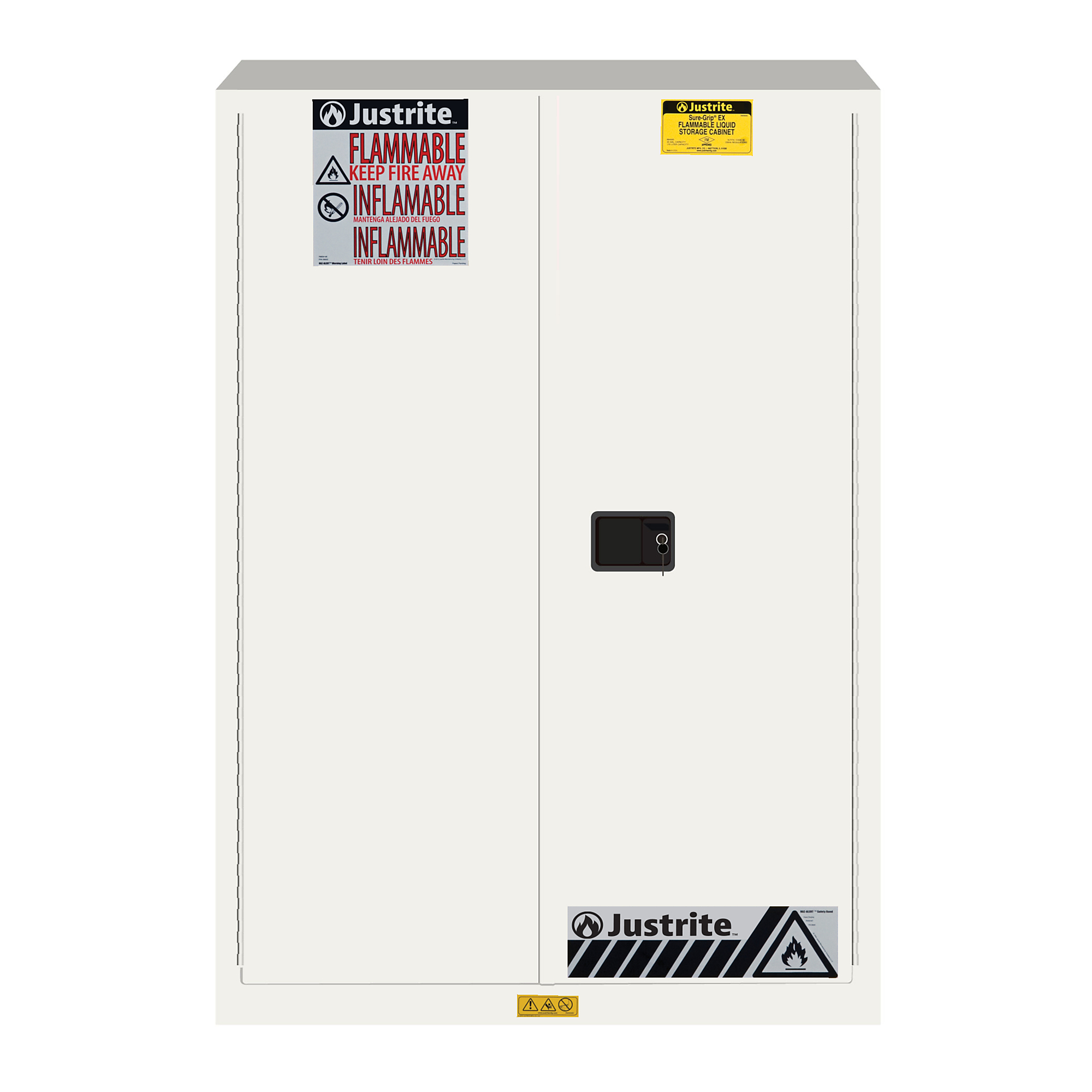 Justrite Flammable Cabinet — 45 Gal., 2 Shelves, 2 Doors, Manual Close, White, Model# 894505